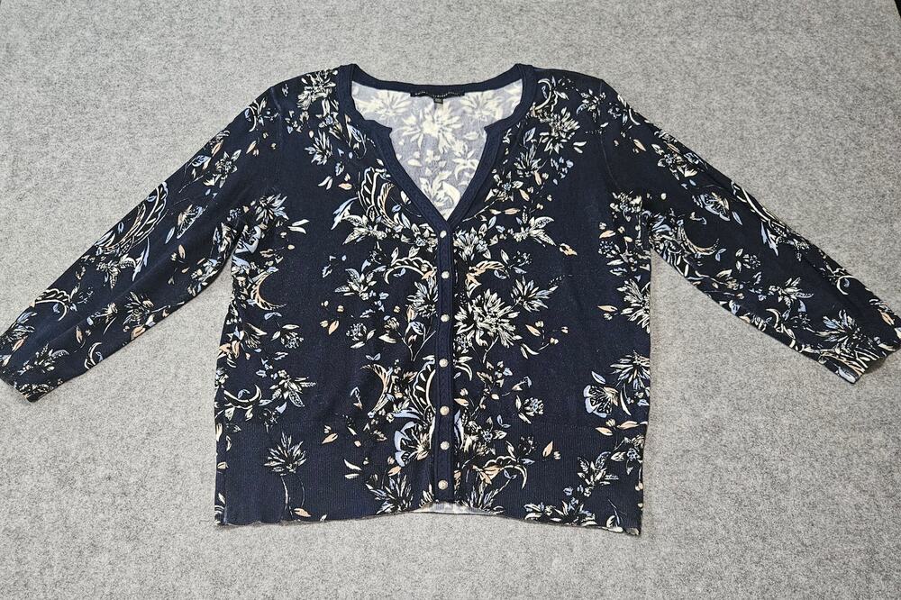 White House Black Market Floral Knit Cardigan Sweater Navy Blue Size XL